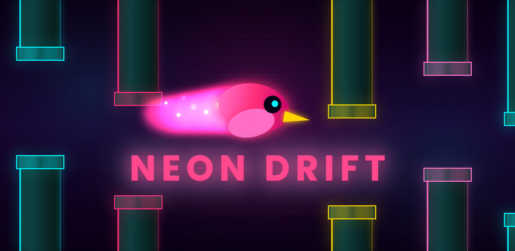 Neon Drift gameplay: a glowing pink neon bird flying between cyan and gold neon pipes on a dark purple background